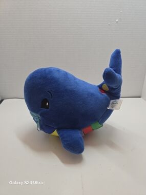 Plush Blue Whale Sensory Soft Toy with Colorful Tabs